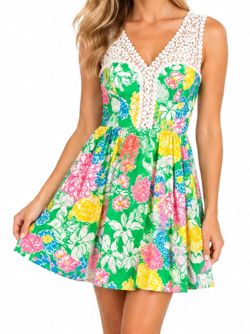 Lilly Pulitzer Floral Crochet Lace Dress Size 00 XXS Tropical Fit Flare Mini